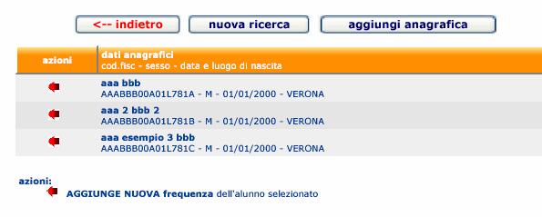 anagrafica. Diversamente verranno proposti tutti i nominativi che corrispondono ai criteri di ricerca e sarà dunque possibile selezionare quello interessato per l inserimento dei dati di frequenza.