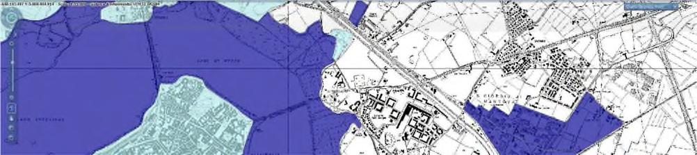 Figura 4-11 - Mappa della pericolosità di inondazione lungo il fiume Mincio, in corrispondenza dei laghi di Mantova. Blu scuro = alluvioni frequenti, pericolosità elevata.