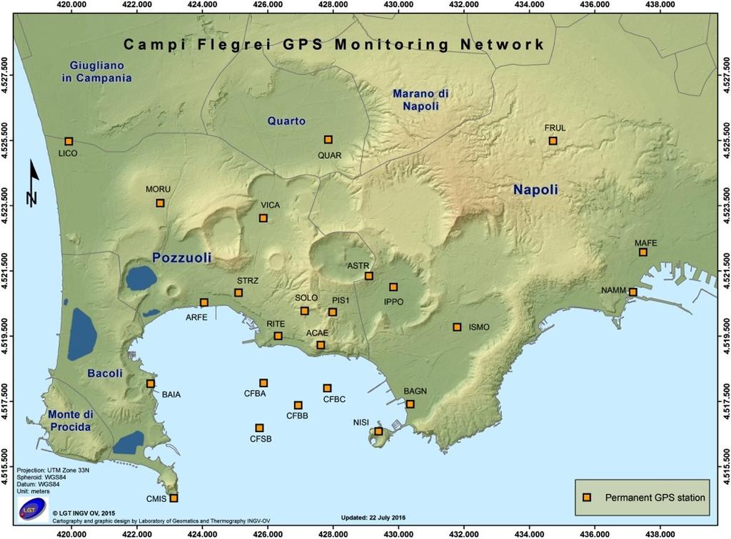 Figura 2.1.1 - Rete GPS Permanente dei Campi Flegrei. Figura 2.1.2 - Serie temporale delle variazioni settimanali in quota della stazione di RITE (Pozzuoli Rione Terra) dal 2000 a giugno 2019.