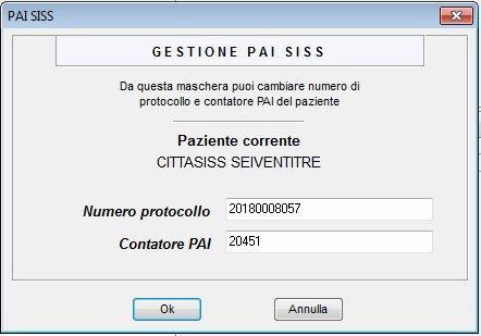 Nella schermata PAI SISS registrare il numero del protocollo e del contatore