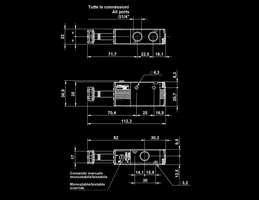 128 EV8 1/4 Valvole a comando elettro-pneumatico Solenoid Valves Tipo di azionamento manuale: