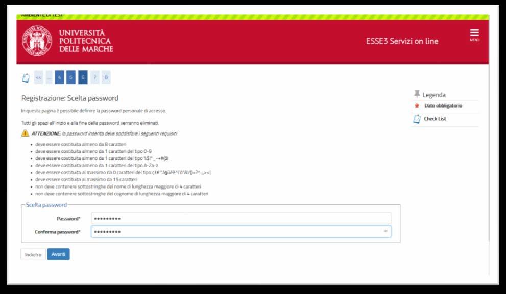 9) Definire la propria password tenendo conto dei requisiti mostrati nella pagina poi cliccare Avanti 10) Verificare