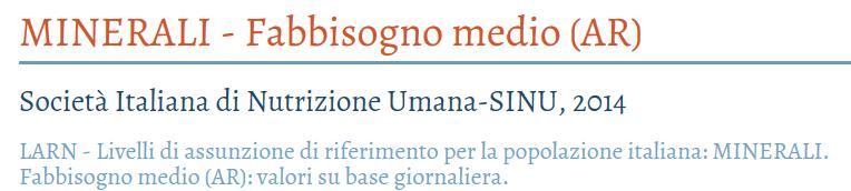 Per Na, K, I, Mn, Mo e F, l'evidenza scientifica non consente di definire l'ar per nessuno dei gruppi di interesse; nel gruppo dei lattanti l'ar è definibile solo per il Fe e lo Zn.