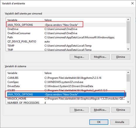 Aggiungere una variabile d ambiente sia per utente che per sistema, premendo Nuova e aggiungendo Nome variabile: JAVA_TOOL_OPTIONS