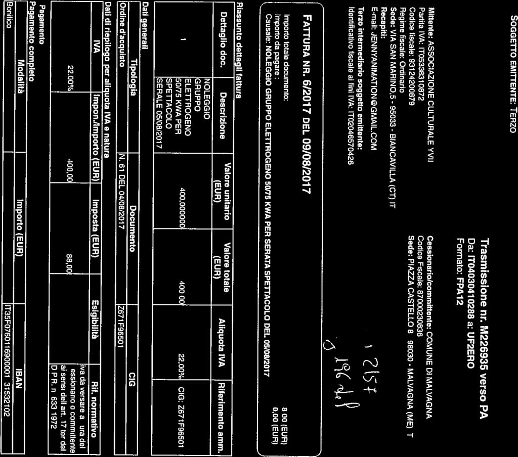 . cessionario Recapiti: Sede: VIA SAN MARINO,5-95033- BIANCAVILLA (CT) IT Codice fiscale: 93124200879 Partita IVA: 1T05338310872 Mittente: ASSOCIAZIONE CULTURALE YVII i Formato: FPA12 Da: