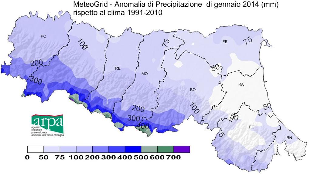 PRECIPITAZIONI Considerando l intero mese, le piogge sono state elevatissime, localmente eccezionali sul crinale appenninico emiliano.