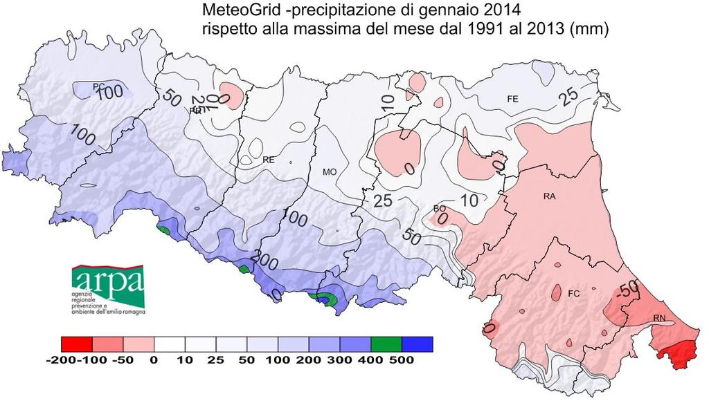 Confronto con il clima (19912005) Confrontate con il clima 1991-2010 le piogge del mese sono risultate ovunque più elevate.