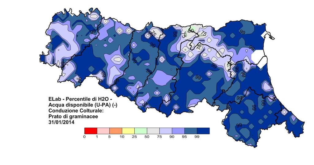 L acqua nel suolo in pianura Deficit: Considerando l'intero strato radicato, gran parte dei terreni di pianura si stimano ad un contenuto idrico prossimo o superiore alla capacità di campo.