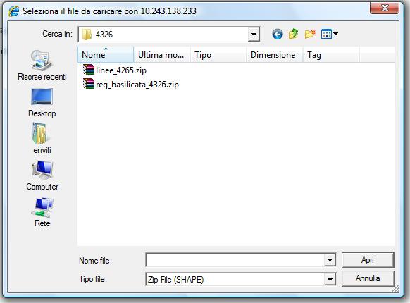 Il pulsante apre la finestra di selezione: N.B. Per il caso vettoriale, tutti i componenti del file shape (.shp,.shx,.dbf) devono essere inseriti in un unico file.