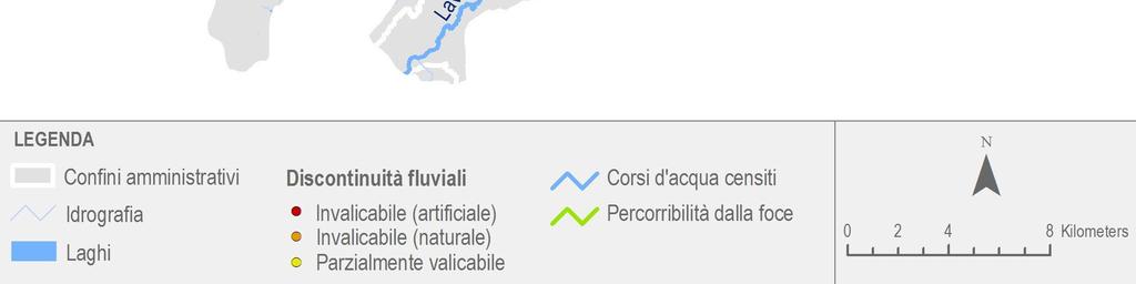 La percorribilità fluviale dei principali tributari del Lago di Lugano risulta nel complesso piuttosto scarsa: la percentuale di percorribilità maggiore si riscontra nel Torrente Cuccio, percorribile