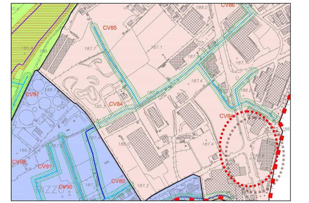 ESTRATTO RIM: AREA INTERVENTO RISPETTO A CV84 La quota di sversamento nel ricettore superficiale avviene alla quota di 187,32 m.s.l.m., con un franco di 20 cm rispetto alla portata di massima piena, come indicato nella relazione di invrarianza idraulica dall'ing.