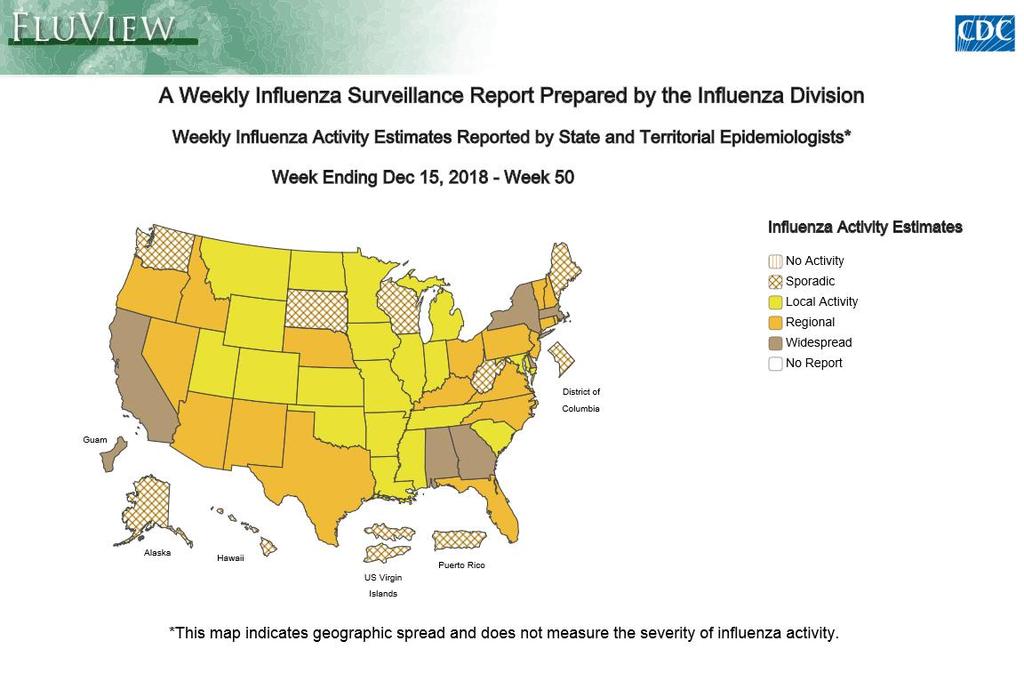 USA In tutti gli Stati Uniti, la circolazione dei virus influenzali continua ad aumentare, come evidenziato nella mappa sottostante, aggiornata al 15 dicembre 2018.