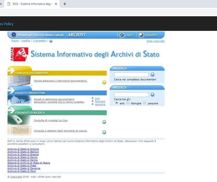 SIAS SISTEMA INFORMATIVO DEGLI ARCHIVI DI STATO http://www.archivi-sias.