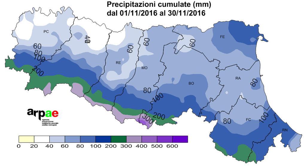 PRECIPITAZIONI Piogge si sono verificate: -tra sabato 5 e domenica 6, deboli-moderate in pianura (tra 5 e 30 mm), elevatissime sul crinale appenninico con cumulate tra 150 e 250 mm, punte sino a 389