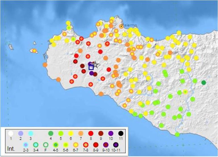 Figura 8.5. Campo macrosismico del terremoto del Belice del 1968 (piano quotato da LOCATI et alii, 2011).
