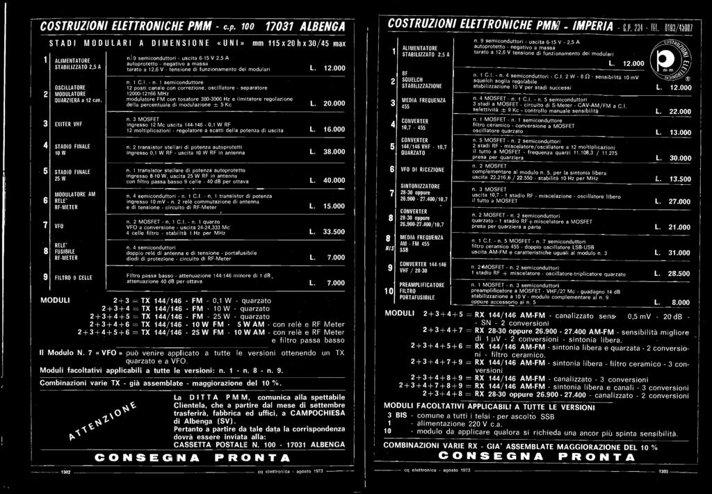 1 semicondutture 12 postí canale con correzione, oscillatore - separatore 10-12166 MHz, moduiatore FM con tosatore 300-3000 Hz e limitatore regolazione della percentuale di modulazione :F_. 5 Kc 20.