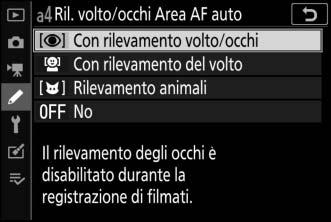 AF rilevamento volto/occhi Quando si fotografano soggetti di ritratto con Area AF auto, utilizzare la Personalizzazione a4 (Ril.