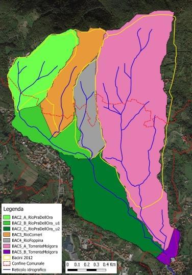 Figura 2: suddivisione bacini idrografici, revisione 2020 (estratto da Verifiche idrauliche del Reticolo Idrico Minore in Comune di Santa Maria Hoè finalizzato alla ridefinizione delle fasce di