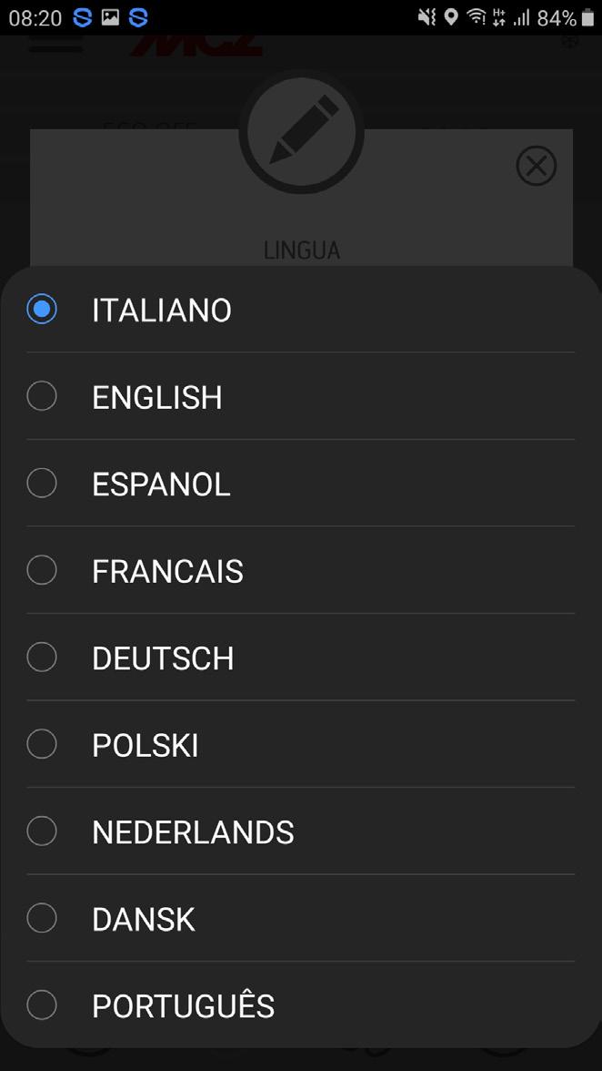 19-IMPOSTAZIONI SHORTCUTS / SETTAGGI RAPIDI SHORTCUTS (scorciatoia e/o settaggi rapidi) LINGUA LISTA DISPOSITIVI CHRONOTERMOSTATO ECOSTOP SCHERMATA LINGUA Entrando nel menù