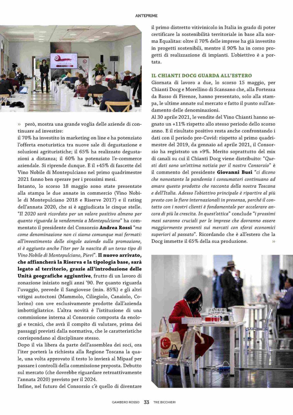 5 / 6 ANTEPRIME il primo distretto vitivinicolo in Italia in grado di poter certificare la sostenibilità territoriale in base alla norma Equalitas: oltre il 70% delle imprese ha già investito in