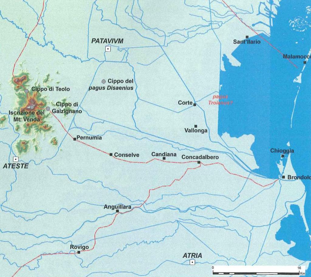 Zona di intervento Figura 6 - Possibile assetto amministrativo del territorio a sud di Padova in Epoca Romana.