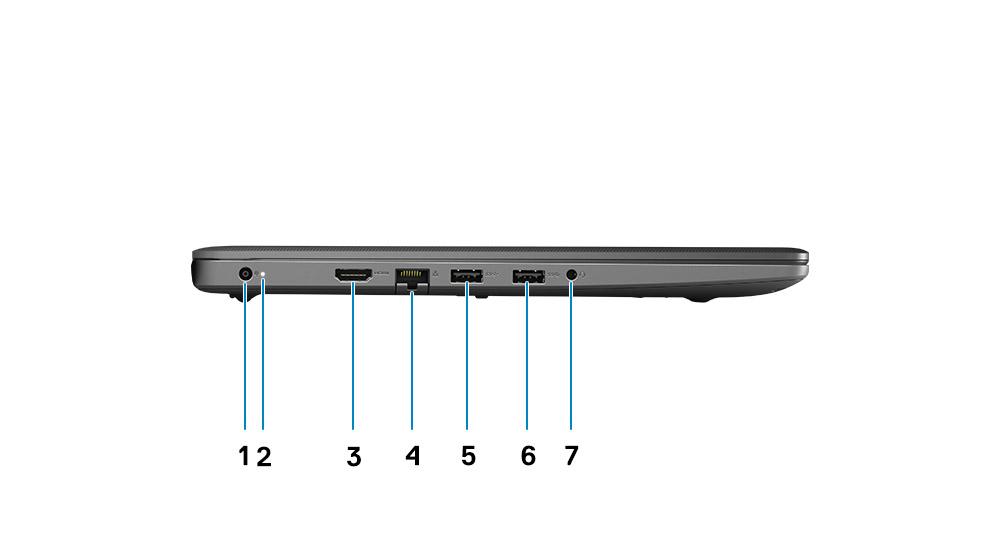Visualizzazione sinistra 1. Porta CC di ingresso 2. LED di alimentazione 3. Porta HDMI 1.4 N.B.: La risoluzione massima supportata dalla porta HDMI è 1.920 x 1.080 a 60Hz (24 bit). 4. Porta di rete 5.