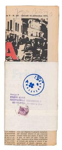 47 JOSEPH BEUYS (1921-1986) Lotta continua 1974-1975 Foglio tratto dal giornale Lotta Continua, arrotolato entra fascetta di carta con francobollo, es.