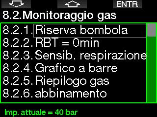 8.2.1 Riserva bombola L RBT (tempo di fondo rimanente) è il periodo di tempo che il sub può trascorrere alla profondità attuale disponendo ancora di gas sufficiente ad