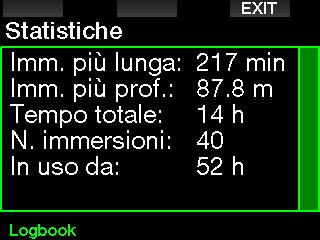 Bluetooth. 2.14 Logbook Qui è possibile consultare il logbook, nonché una sintesi delle immersioni denominata Statistiche.