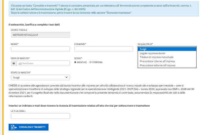 5. Sottoscrizione digitale della domanda Nell ultima stazione del percorso di compilazione andranno completati i dati del legale rappresentante o delegato firmatario e sottoscritta la domanda, ai