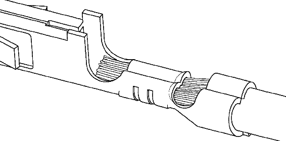 Figura 9-10 ISOLAMENTO SOTTO LA CRIMPATURA DEL CONDUTTORE, SPAZZOLA DEL CONDUTTORE BUONA Figura 9-11 ISOLAMENTO SOTTO LA CRIMPATURA DEL CONDUTTORE, SPAZZOLA DEL CONDUTTORE TROPPO LUNGA Figura 9-12