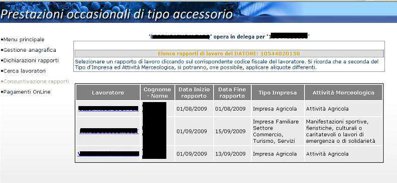 Figura 62 Cliccando sul corrispondente codice fiscale del lavoratore, che si vuole selezionare, si ritornerà alla pagina della Consuntivazione di un rapporto di lavoro e si noteranno il caricamento