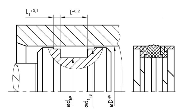 KK 03 Famiglia prodotto Guarnizione per pistone Forma costruttiva K Guarnizione compatta Numero profilo 03 Dati caratteristici Z doppio effetto Esecuzione STFA anello antiestrusione con anello guida