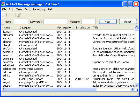 26 CAPITOLO 4. LE BASI (a) Il MiKTEX Package Manager. (b) La TEX Live Utility. Figura 4.2: La gestione automatica dei pacchetti.