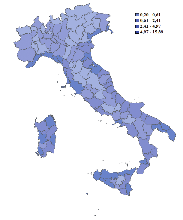 Incidenza del valore aggiunto dell economia del mare sul totale dell economia, per provincia Anno 2013 (classi di incidenze percentuali sul totale provinciale) Fonte: Unioncamere-SI.