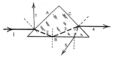 Si tratta del solito prisma rettangolo isoscele disposto come in fig. 31: le due riflessioni interne avvengono nei punti y (totale) e z (non totale, con produzione di un fascio rifratto (5)).