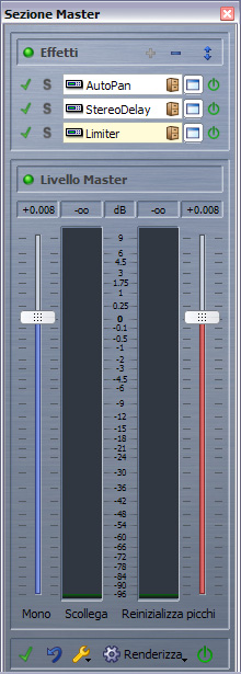 Sezione Master La sezione Master si trova alla fine del percorso del segnale di WaveLab LE, prima che il materiale audio venga trasferito all'hardware audio o prima del rendering su disco come file