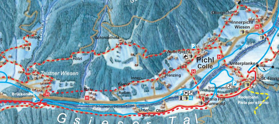 Escursione attraverso il paesaggio rurale sul versante solatio di Colle a) Dall Hotel Stoll a Planca di Sotto si percorre la vecchia strada di Casies verso l interno della valle fino ai masi Schuher