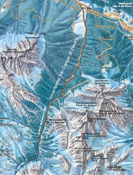 Val Campo di Dentro/Sesto/Alte Säge (antico mulino): escursione nel dolce del paesaggio circondato da rocce: Cima Tre Scarperi, Rocca dei Baranci ecc. Prima di S.