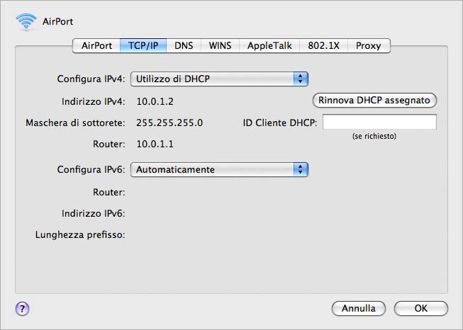 Dopodiché scegli DHCP dal menu a comparsa Configura IPv4.