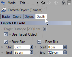 Passo 15: Impostiamo la Profondità di Campo (Depth of Field) facendo clic sull oggetto Camera e quindi sulla tabella Depth. Impostiamo i valori come da immagine sottostante.