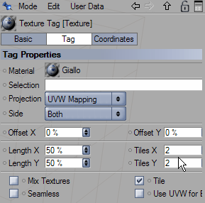 Passo 15: Facciamo clic sul Texture Tag vicino al cubo. Le proprietà di posizionamento appariranno. Immettiamo 2 sulla Tiles X e su Tiles Y.