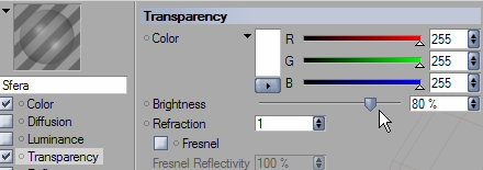 In pratica aumentandolo si ottiene un effetto simile ad una"lente d'ingrandimento". Impostiamo la trasparenza a 80 e lasciamo la rifrazione a 1.