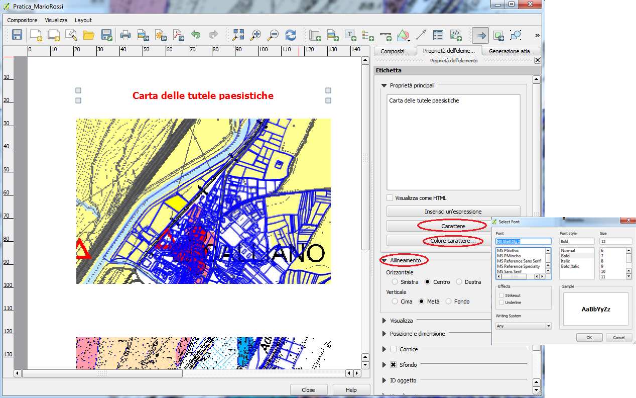 Click sul pulsante Colore carattere e impostare il Rosso Click sul pulsante Allineamento e impostare: Orizzontale: Centro, Verticale: Metà Completare il layout con le altre scritte