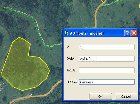 Click su OK Salvare il nuovo shapefile nella cartella C:\Corso_QGIS\Esercizi\ES06 con il nome di incendi ; il nuovo shape poligonale viene aggiunto in cima alla ToC Premere sul nome incendi nella ToC