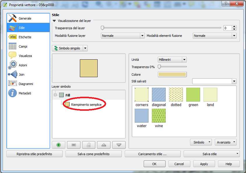 Si vuole cambiare la simbologia del layer: 056cp000 (poligoni senza riempimento e bordo dei poligoni di colore
