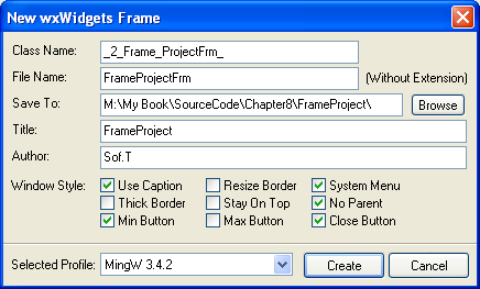 Chap1to8 - Programmare_Con_wxDev-C++.doc Pagina 114 di 150 Class Name Dato che ogni nuovo frame che si crea viene derivato dalla classe wxframe gli si deve dare un proprio nome di classe.