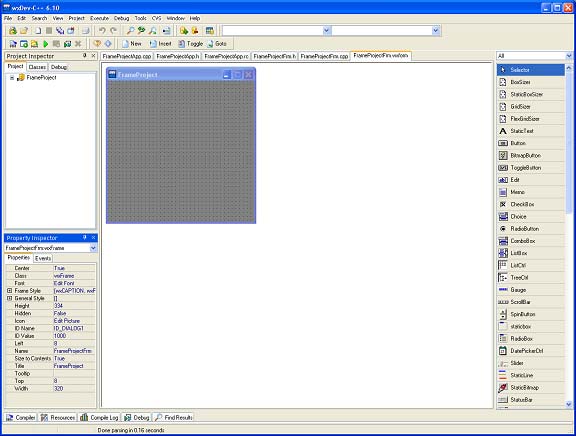 Chap1to8 - Programmare_Con_wxDev-C++.doc Pagina 118 di 150 Figura 8.12 Il form designer che mostra un nuovo frame Ora che abbiamo un nuovo frame cosa ci facciamo?