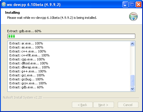 Chap1to8 - Programmare_Con_wxDev-C++.doc Pagina 10 di 150 Nel mentre la successiva finestra si riempie con i nomi dei file installati si avrà il tempo di fare un altra pausa.