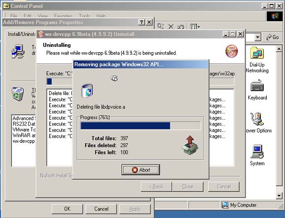 Chap1to8 - Programmare_Con_wxDev-C++.doc Pagina 17 di 150 Figura 1.29 wxdev-c++ durante la rimozione.